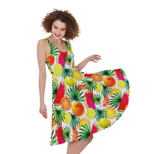 women's fruit dress Tropical Fruit Leaf Pattern Print Sleeveless Knee Length Dress