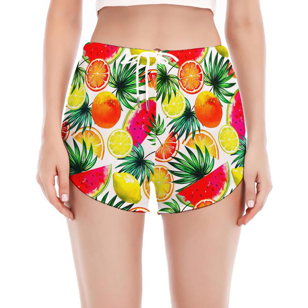 Tropical Fruit Leaf Pattern Print Women's Split Running Shorts