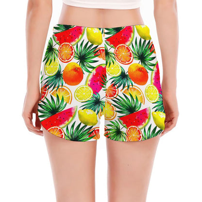 Tropical Fruit Leaf Pattern Print Women's Split Running Shorts