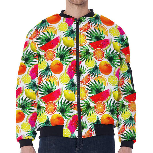 Tropical Fruit Leaf Pattern Print Zip Sleeve Bomber Jacket