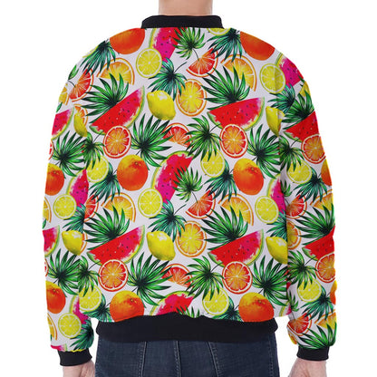 Tropical Fruit Leaf Pattern Print Zip Sleeve Bomber Jacket