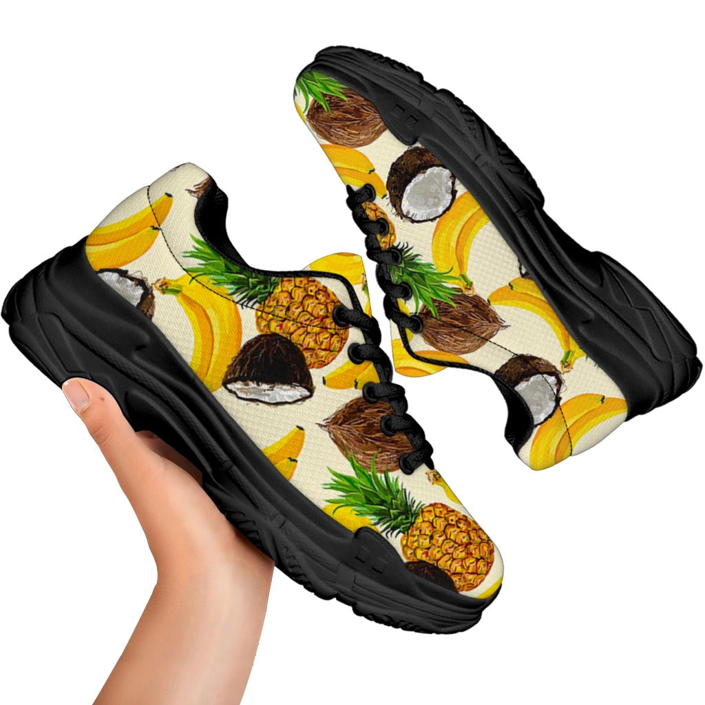 Tropical Fruits Pattern Print Black Chunky Shoes