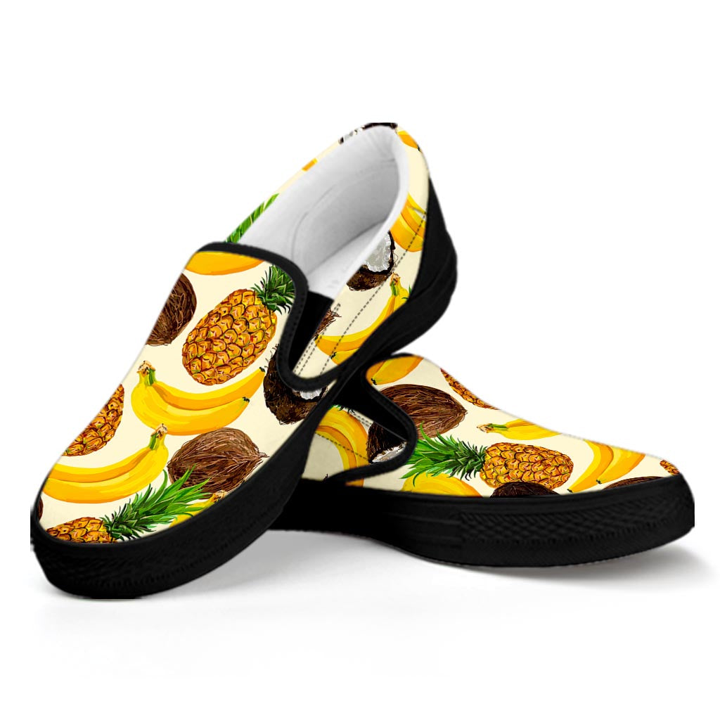 Tropical Fruits Pattern Print Black Slip On Sneakers
