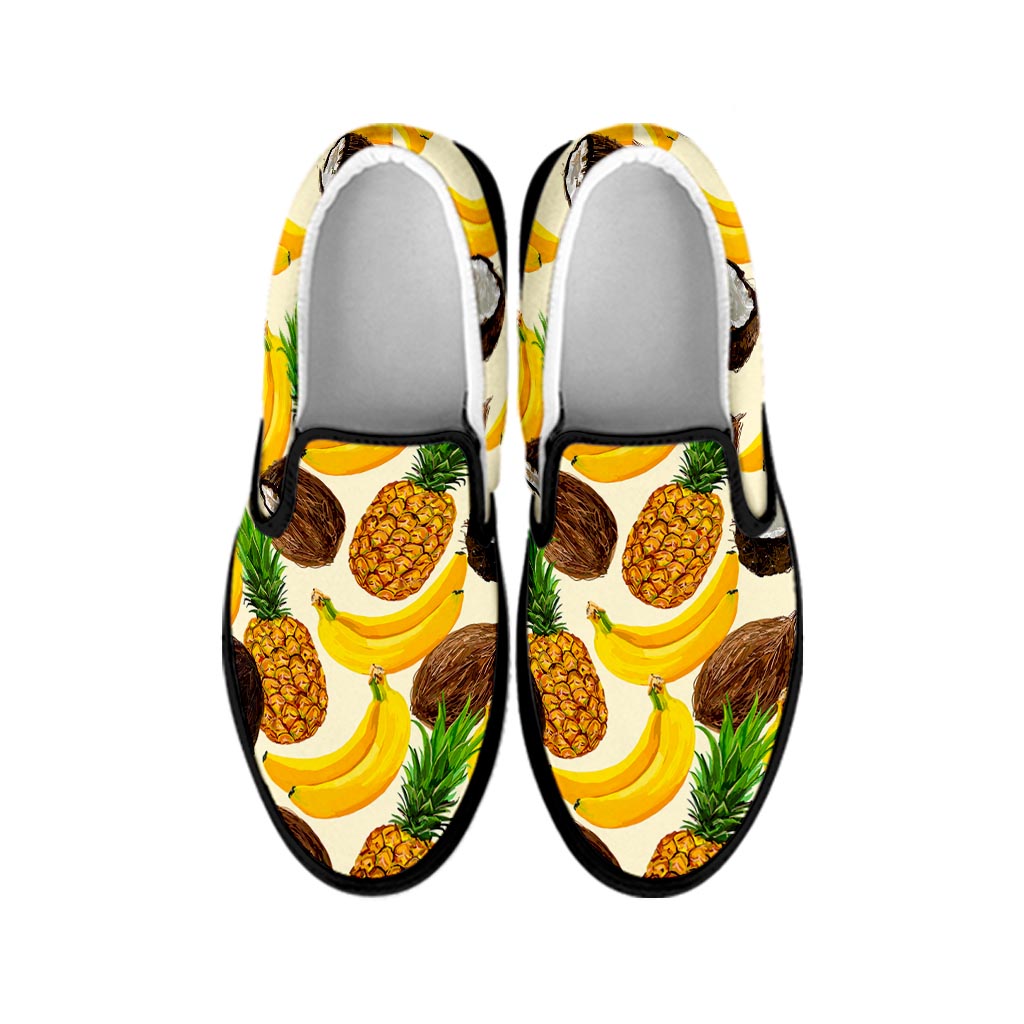 Tropical Fruits Pattern Print Black Slip On Sneakers