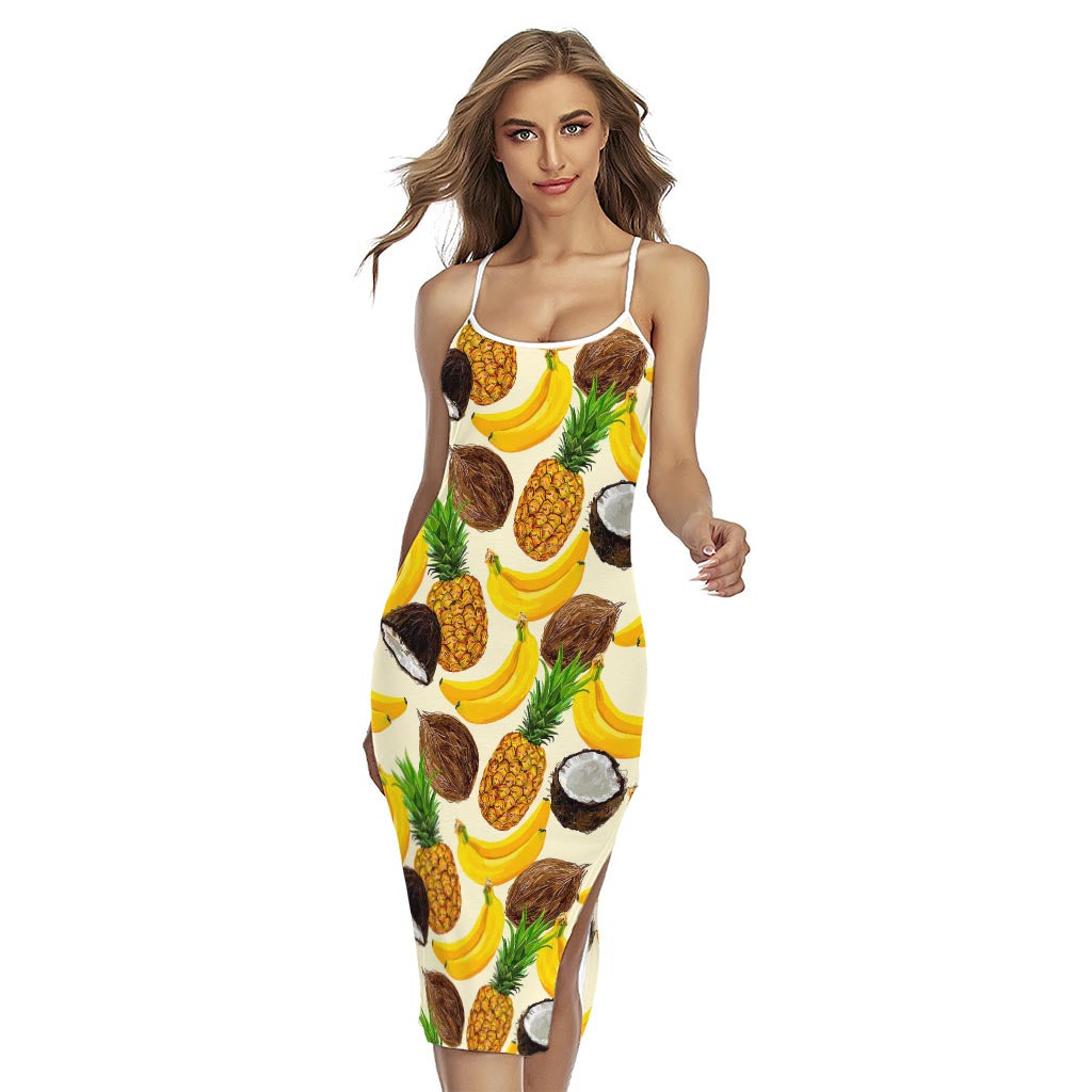Tropical Fruits Pattern Print Cross Back Cami Dress