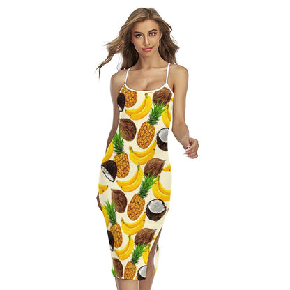 Tropical Fruits Pattern Print Cross Back Cami Dress
