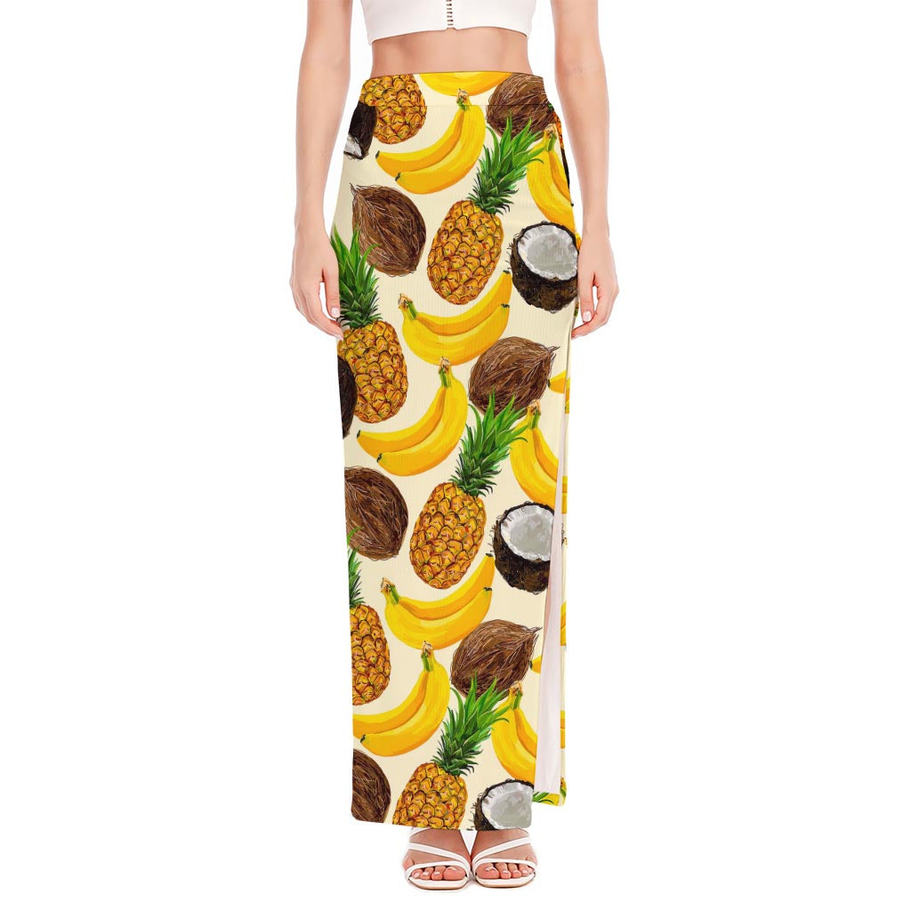 Tropical Fruits Pattern Print High Slit Maxi Skirt