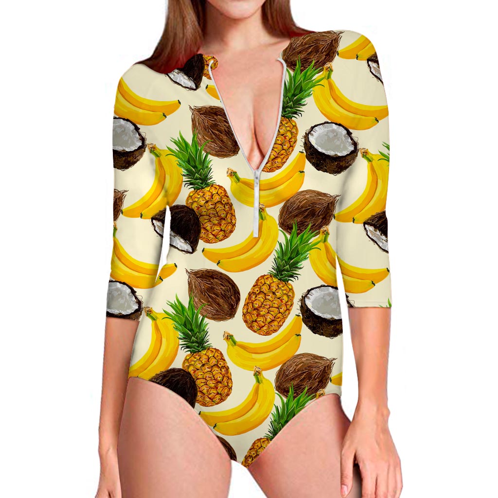 Tropical Fruits Pattern Print Long Sleeve Swimsuit