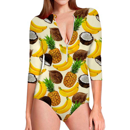 Tropical Fruits Pattern Print Long Sleeve Swimsuit