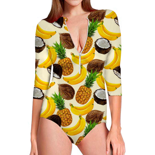 Tropical Fruits Pattern Print Long Sleeve Swimsuit