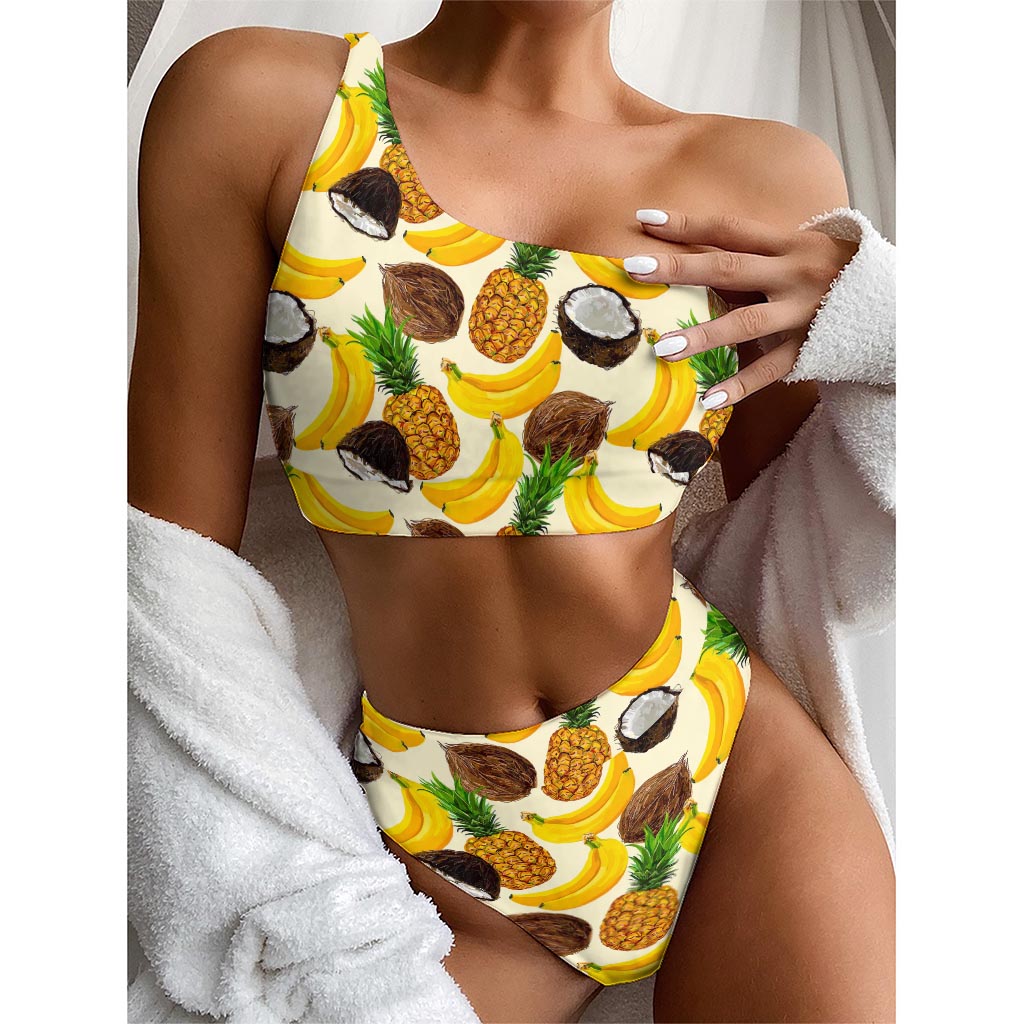 Tropical Fruits Pattern Print One Shoulder Bikini Top