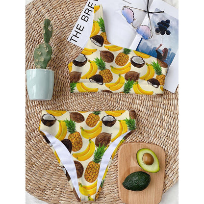 Tropical Fruits Pattern Print One Shoulder Bikini Top