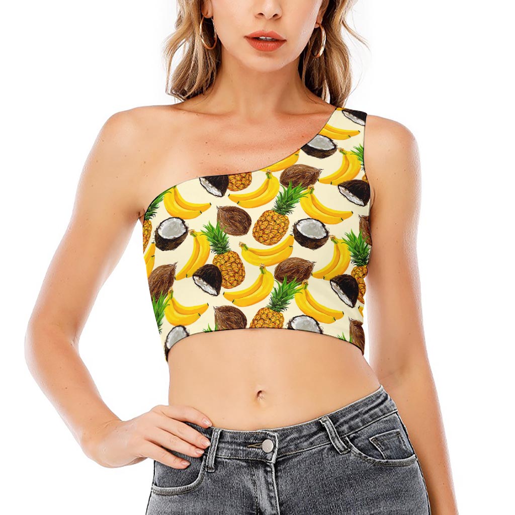 Tropical Fruits Pattern Print One Shoulder Crop Top