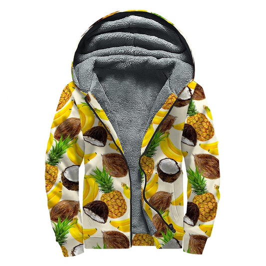 Tropical Fruits Pattern Print Sherpa Lined Zip Up Hoodie
