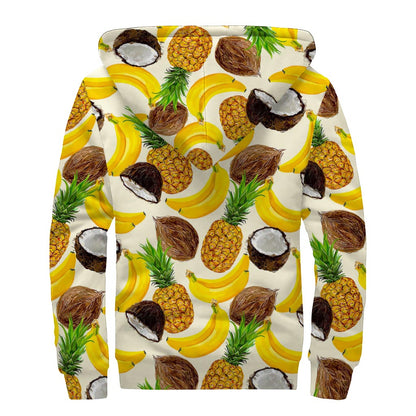 Tropical Fruits Pattern Print Sherpa Lined Zip Up Hoodie