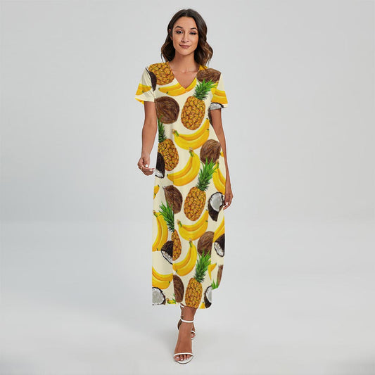 Tropical Fruits Pattern Print Short Sleeve Maxi Dress