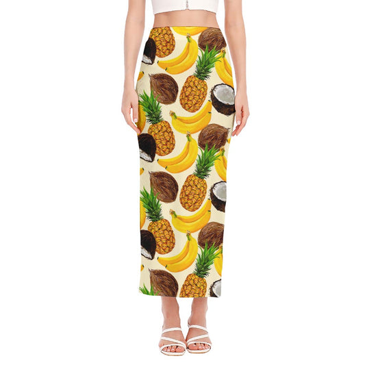 Tropical Fruits Pattern Print Side Slit Maxi Skirt