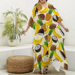 Tropical Fruits Pattern Print Silk V-Neck Kaftan Dress