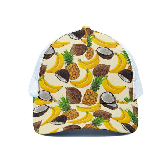 Tropical Fruits Pattern Print White Mesh Trucker Cap