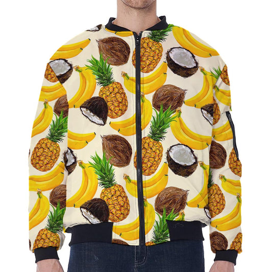 Tropical Fruits Pattern Print Zip Sleeve Bomber Jacket