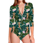 Tropical Giraffe Pattern Print Long Sleeve Swimsuit