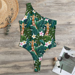Tropical Giraffe Pattern Print One Shoulder Bodysuit