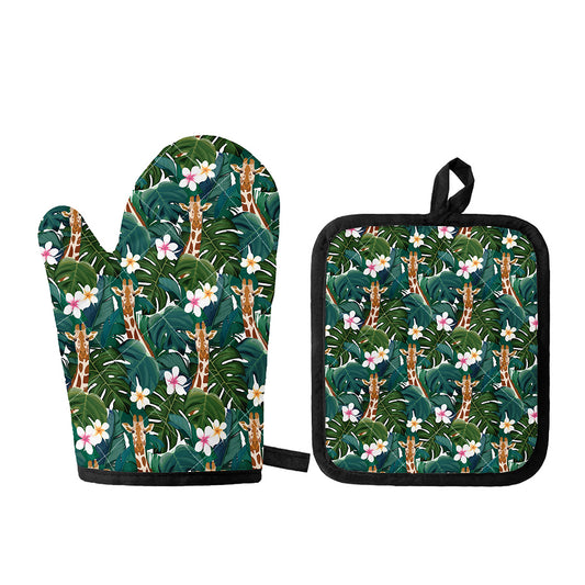 Tropical Giraffe Pattern Print Oven Mitt And Pot Holder Set