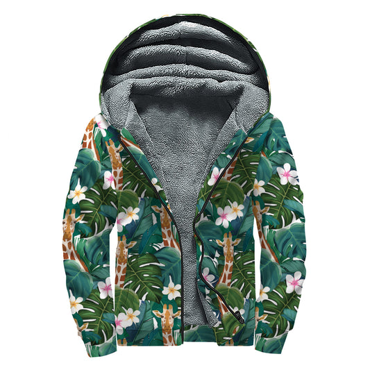 Tropical Giraffe Pattern Print Sherpa Lined Zip Up Hoodie