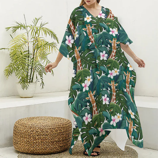 Tropical Giraffe Pattern Print Silk V-Neck Kaftan Dress