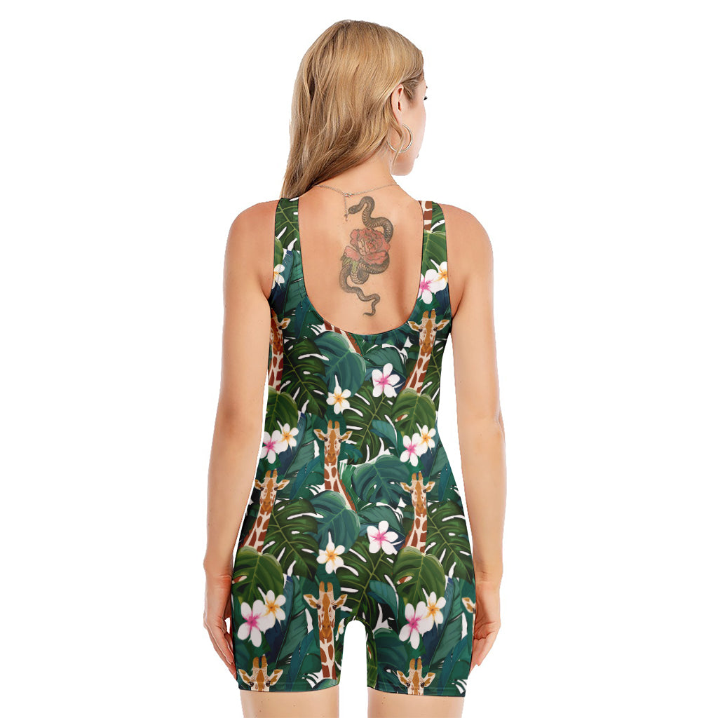 Tropical Giraffe Pattern Print Sleeveless One Piece Swimsuit