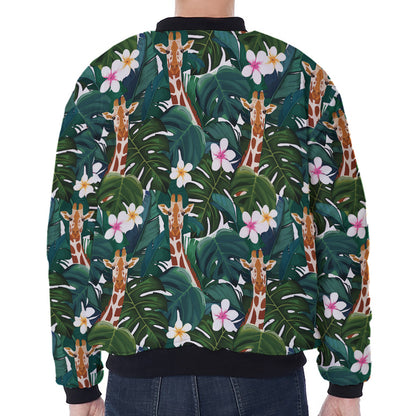 Tropical Giraffe Pattern Print Zip Sleeve Bomber Jacket