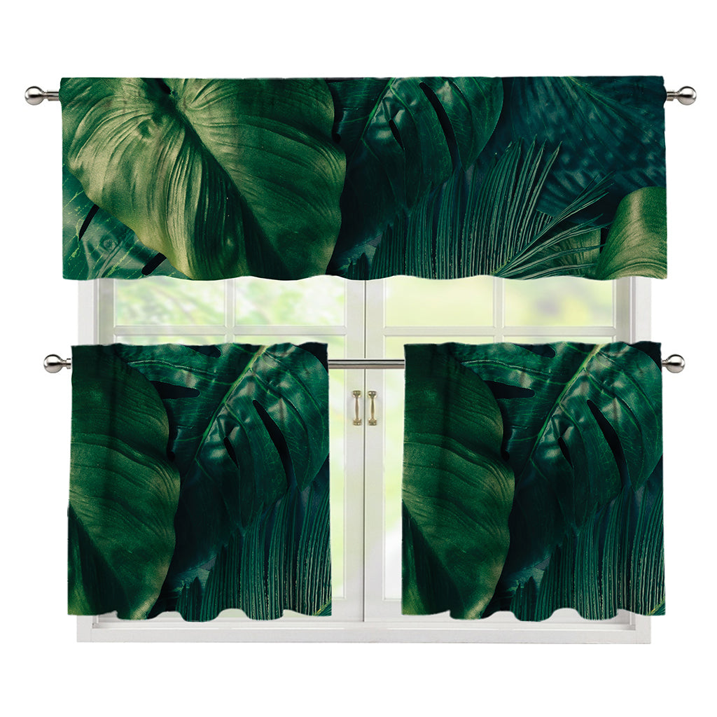 Tropical Green Leaves Print 3 Piece Kitchen Curtains