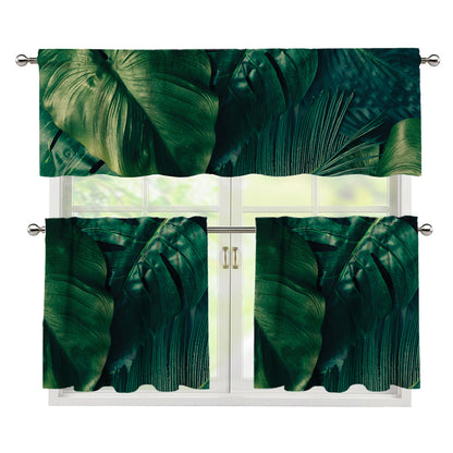 Tropical Green Leaves Print 3 Piece Kitchen Curtains