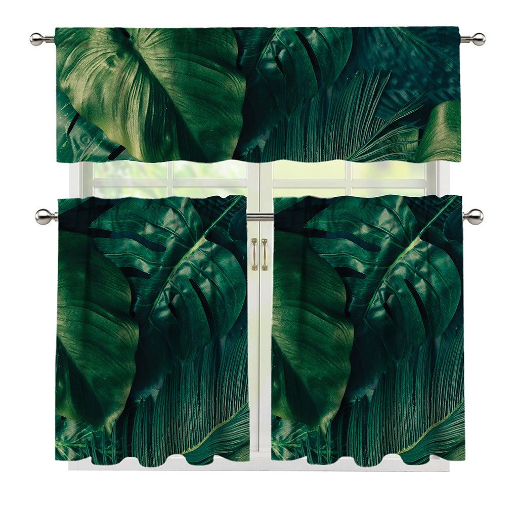 Tropical Green Leaves Print 3 Piece Kitchen Curtains