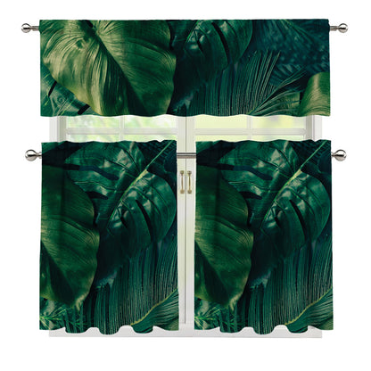 Tropical Green Leaves Print 3 Piece Kitchen Curtains