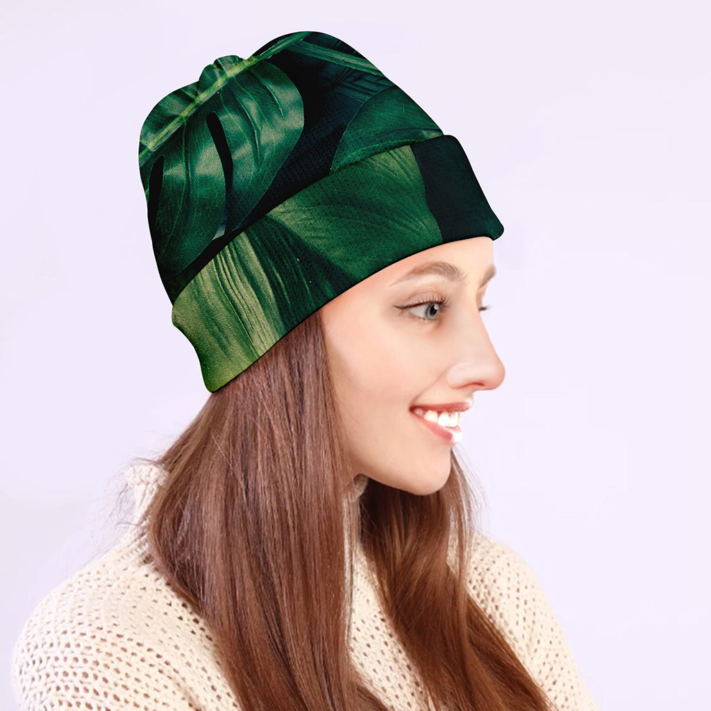 Tropical Green Leaves Print Beanie