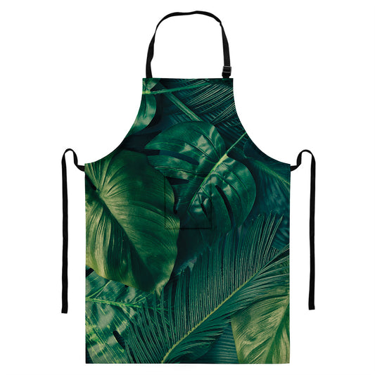 Tropical Green Leaves Print Bib Apron With Pocket