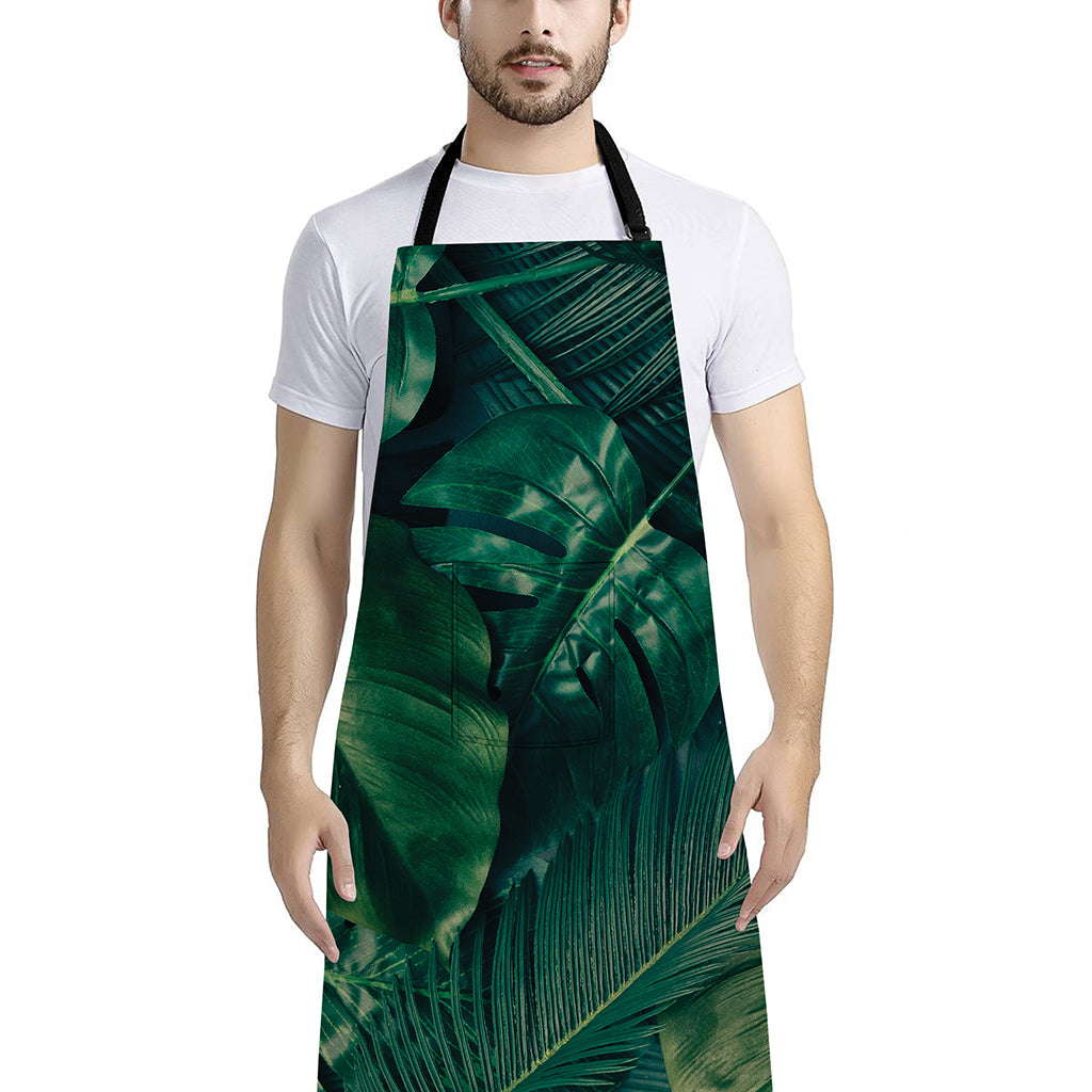 Tropical Green Leaves Print Bib Apron With Pocket