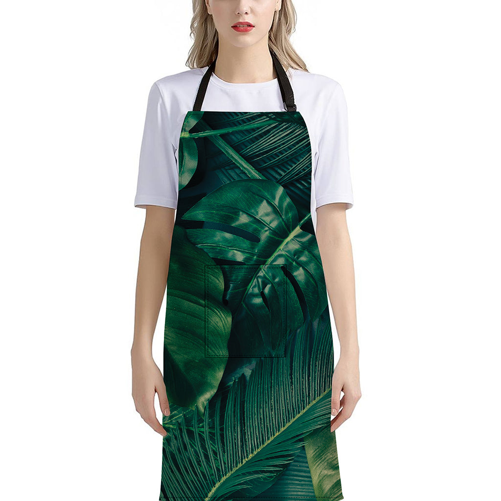 Tropical Green Leaves Print Bib Apron With Pocket