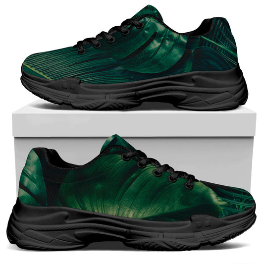 Tropical Green Leaves Print Black Chunky Shoes