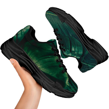 Tropical Green Leaves Print Black Chunky Shoes