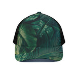 Tropical Green Leaves Print Black Mesh Trucker Cap