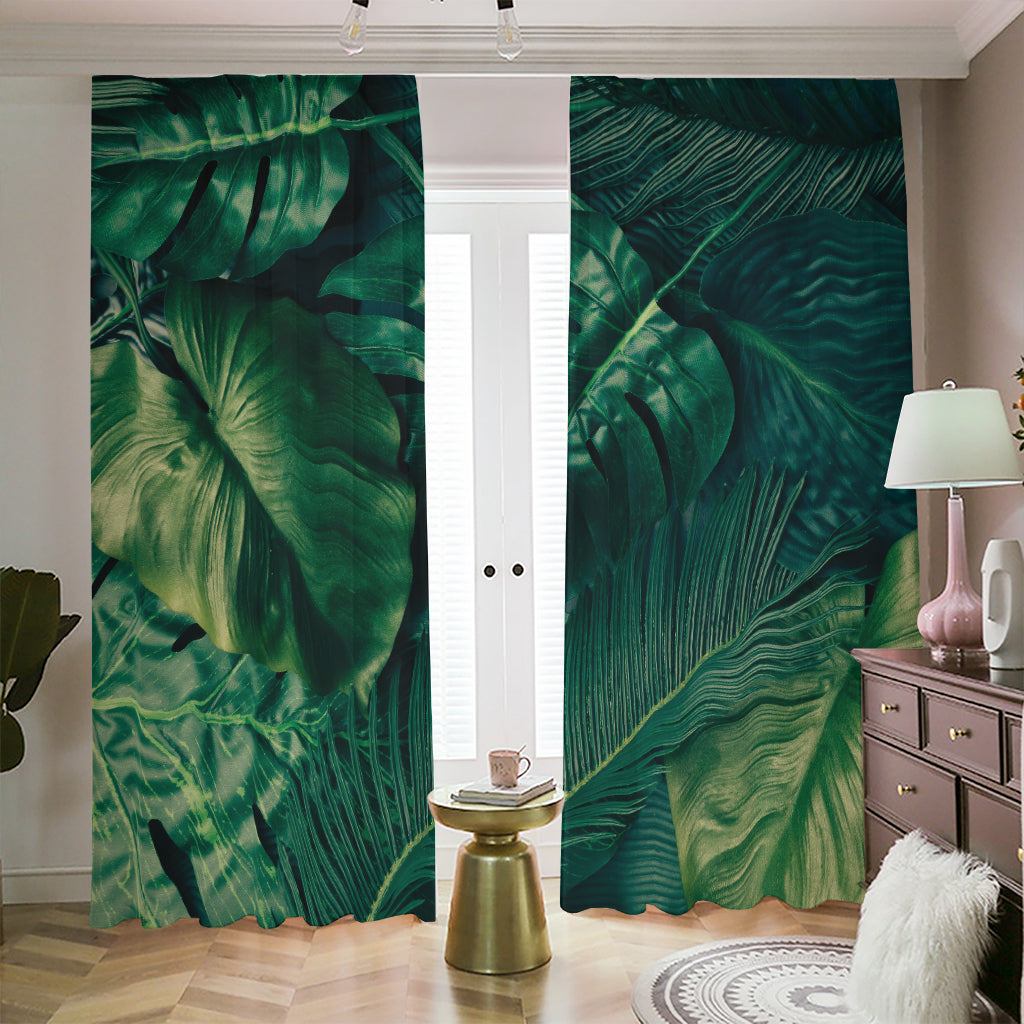 Tropical Green Leaves Print Blackout Pencil Pleat Curtains