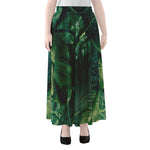 Tropical Green Leaves Print Chiffon Maxi Skirt
