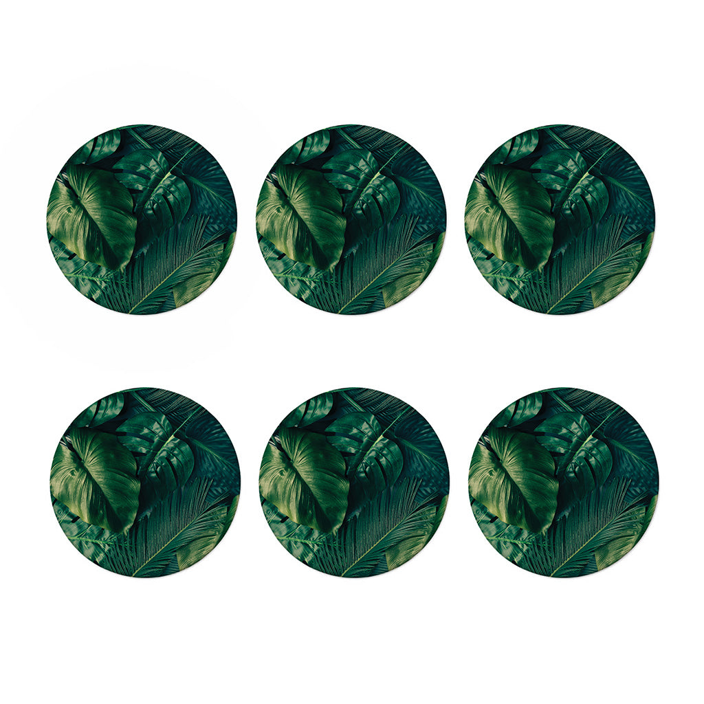 Tropical Green Leaves Print Coaster Set