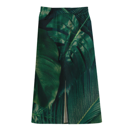 Tropical Green Leaves Print Cotton Front Slit Maxi Skirt