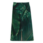 Tropical Green Leaves Print Cotton Front Slit Maxi Skirt