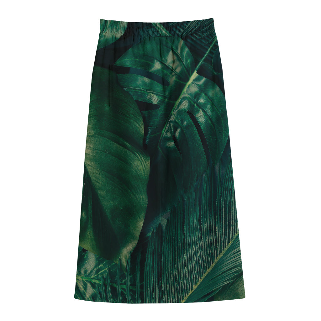 Tropical Green Leaves Print Cotton Front Slit Maxi Skirt