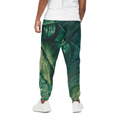 Tropical Green Leaves Print Cotton Pants