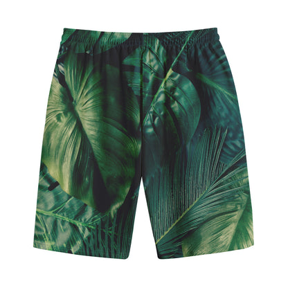 Tropical Green Leaves Print Cotton Shorts